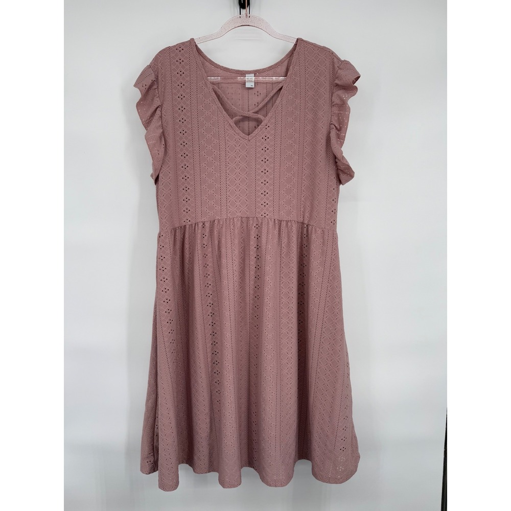 Brown Coco Sz 2XL Womens Dusty Rose Eyelet Flutter Sleeve‎ Crisscross Dress
